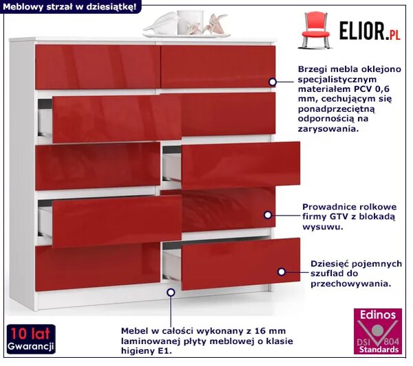 Młodzieżowa komoda z szufladami biała + czerwony połysk - Zolari 4X