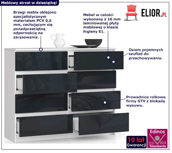 Nowoczesna komoda do salonu biała + grafit połysk - Dalmos 4X