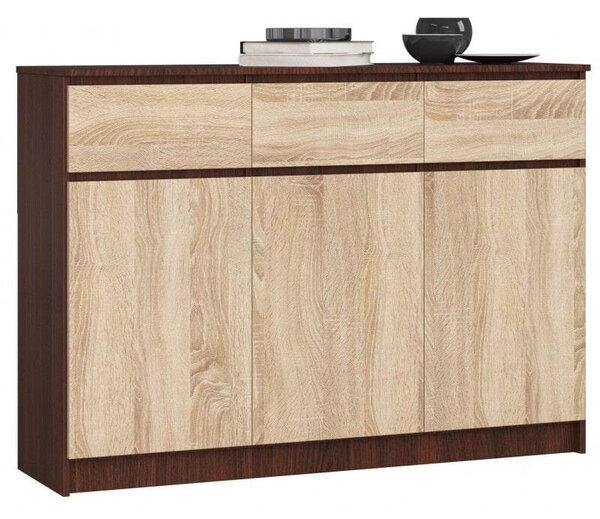 Komoda, 3 szuflady, 3 drzwi, ATLAS, 140x40x99 cm, wenge, dąb sonoma, mat | TYLETEGOTU