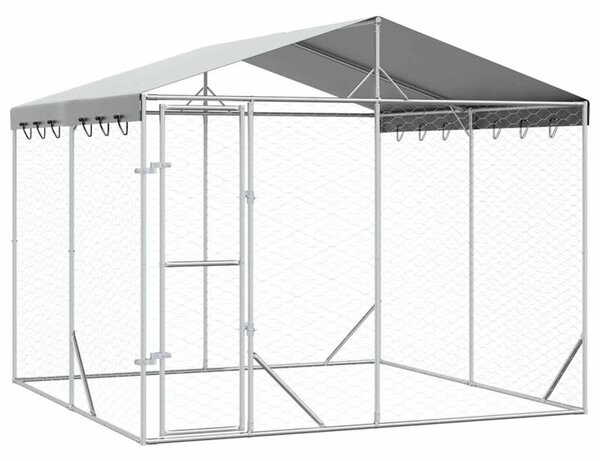Kojec dla psa, z dachem, srebrny, 3x3x2,5 m, stal galwanizowana