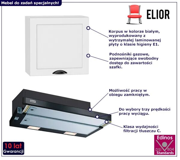 Biała szafka kuchenna w zestawie z czarnym okapem E2-C63