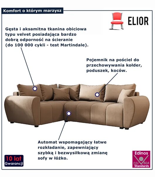 Beżowy welurowy narożnik z funkcją spania T5-K06