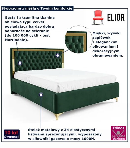 Ciemnozielone łóżko tapicerowane z pikowanym zagłówkiem H2-D11