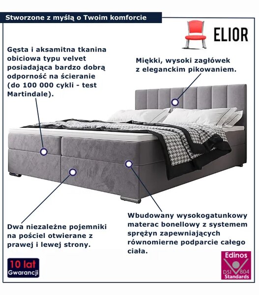 Szare welurowe łóżko kontynentalne 5 rozmiarów Z2-R57
