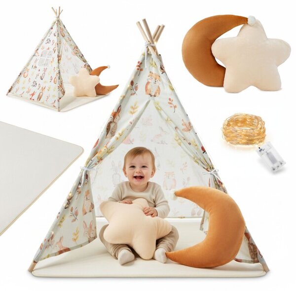 Tipi - namiot dla dziecka do pokoju z dywanem, poduszkami i światełkami LED - 135cm