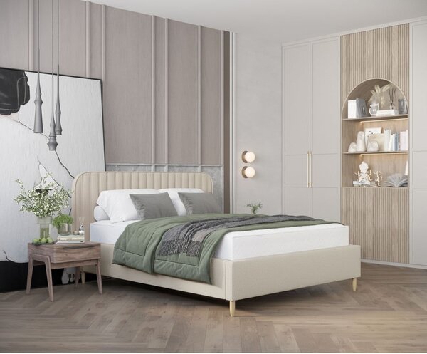 Beżowe tapicerowane łóżko dwuosobowe ze schowkiem i stelażem 180x200 cm Noto – Maison de Rêve