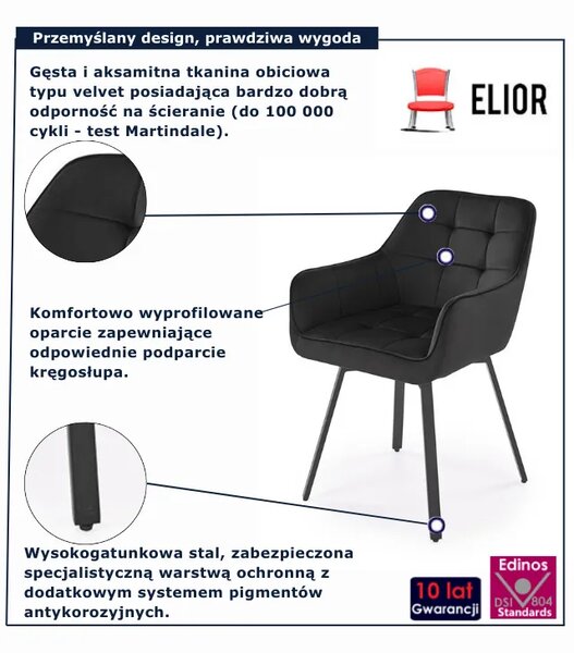 Pikowane welurowe czarne krzesło na metalowej podstawie D8-K22