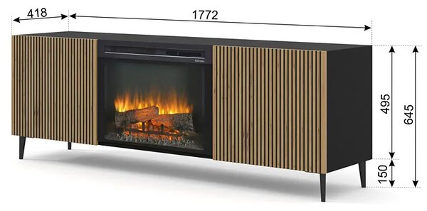 Lamelowa szafka rtv z kominkiem dąb artisan + czarny - Melis 18X