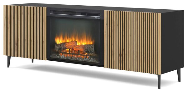Lamelowa szafka rtv z kominkiem dąb artisan + czarny - Melis 18X