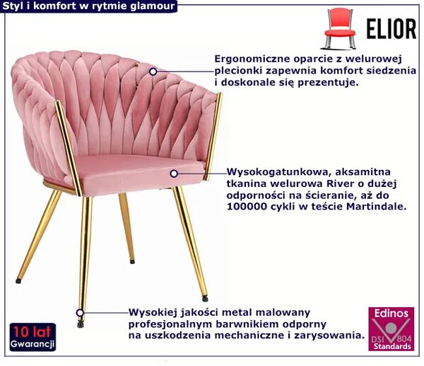 Różowe plecione krzesło glamour na złotych nogach L8-W40