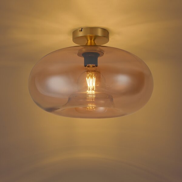 Art Deco Lampa Sufitowa Mosiężna z Bursztynowym Szkłem 40cm - Busa