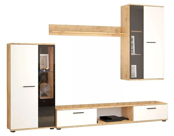 Nowoczesna meblościanka z witryną biały + dąb artisan F8-N71