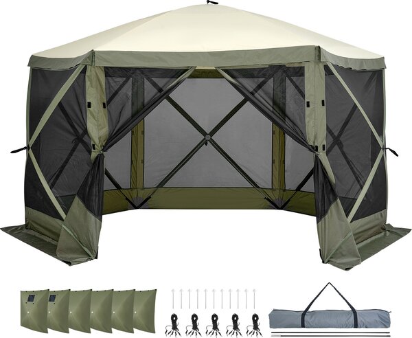 Namiot SucceBuy Pop-Up Pavilion, 6-stronna osłona przeciwsłoneczna ze zdejmowanymi panelami prywatności i siatkowymi oknami, 12x12FT Quick-Set Screen Tent z moskitierą, Army Green