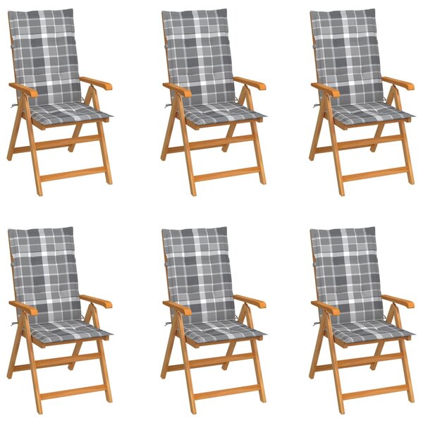 Krzesła ogrodowe, 6 szt., z poduszkami w szarą kratkę, tekowe