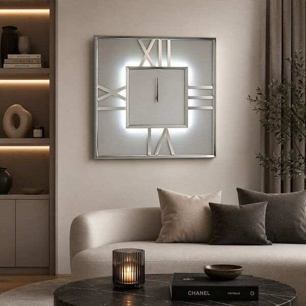 Zegar ścienny kwadratowy glamour lustrzany podświetlany LED srebrny 90x90 cm C-0612