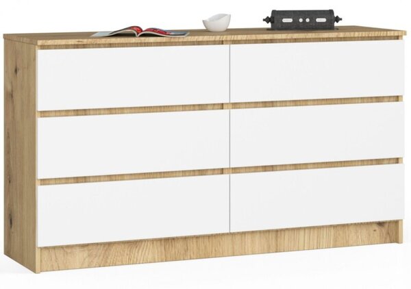Komoda do sypialni, 6 szuflad, STILO, 140x40x77 cm, dąb artisan, biel, mat | TYLETEGOTU