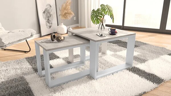 Kwadratowy Zestaw Stolików Kawowych Beton + Biały L7-B73