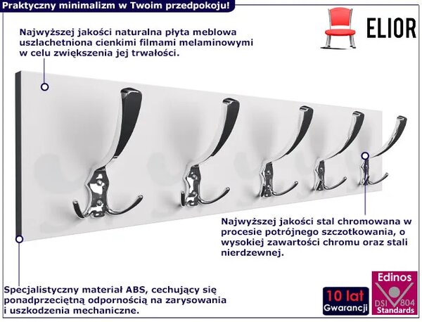 Minimalistyczny Wieszak Ścienny Biel Alpejska + Chrom B0-L99