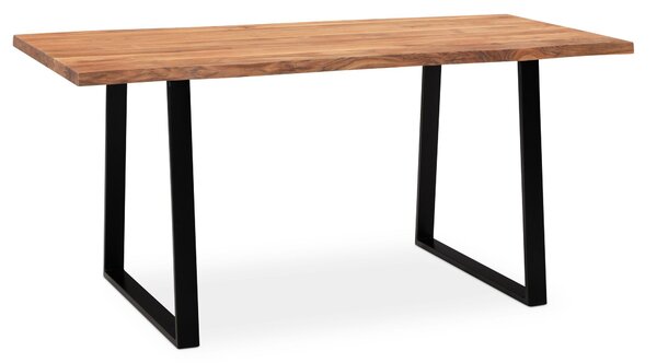 WOHNLING Stół do jadalni 200x100x76 cm z litego drewna akacjowego / metalowy stół do jadalni z naturalnym brzegiem blatu, stół kuchenny z litego drewna z trapezowymi nogami w kolorze czarnym, stół drewniany