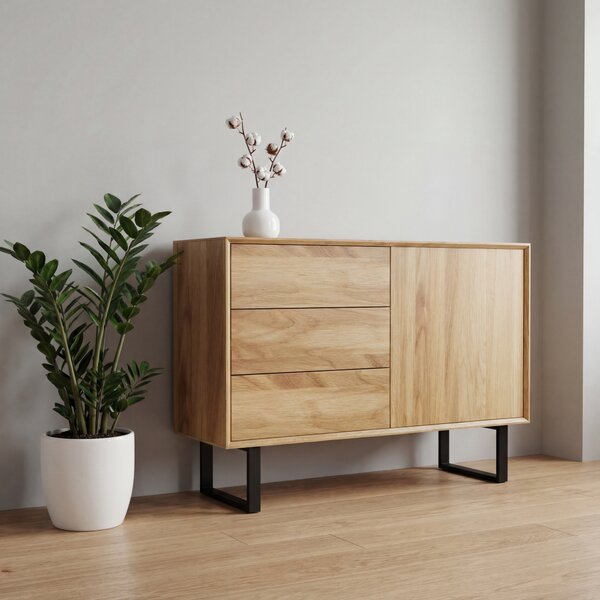 Komoda dębowa Elegant Steel I - dębowa komoda z frezowanym korpusem na dokumenty i zastawę