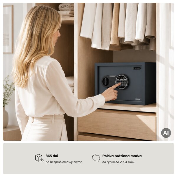 Mały sejf domowy, elektroniczny zamek na kod, na pieniądze i dokumenty, 350x250x250 mm: DORIAN