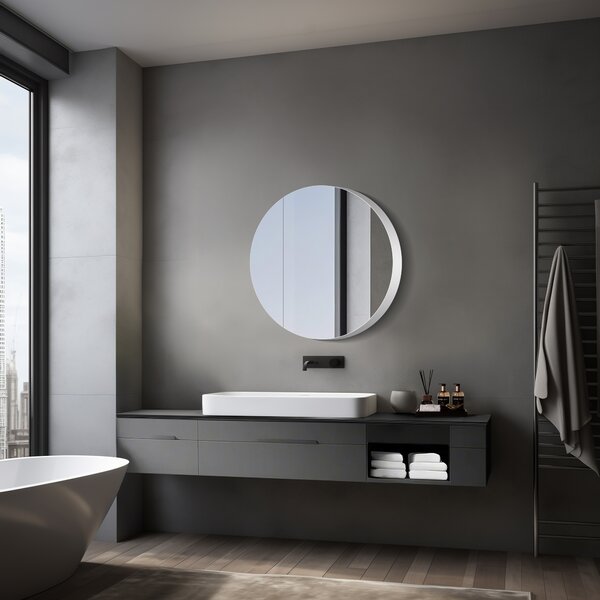 Szafka lustrzana z o?wietleniem Talos Silver Picasso Style Ø80 cm - szafka ?azienkowa z lustrem z 2 pó?kami - aluminium - lustrzana tylna ?ciana