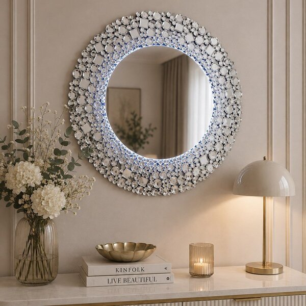 Srebrne lustro glamour okrągłe podświetlane 90x90 cm M-0682