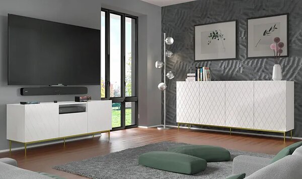Komoda biały mat + złota rama - Nevia 5X