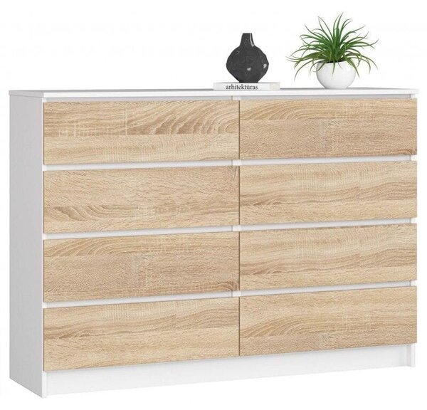 Komoda do sypialni, STILO, 8 szuflad, 140x40x99 cm, biel, dąb sonoma, mat | TYLETEGOTU