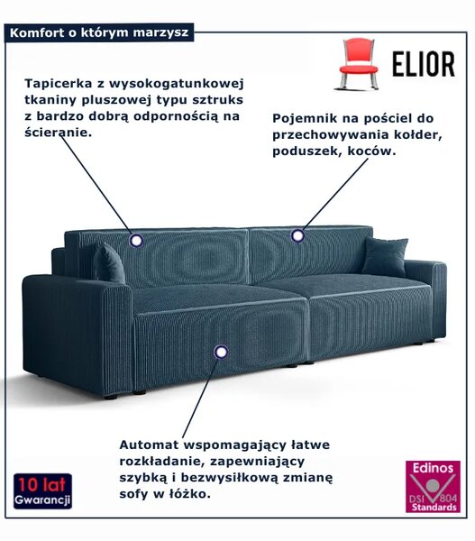 Niebieska rozkładana sofa sztruksowa K2-T88