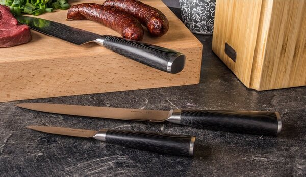 Zestaw noży G21 Damascus Premium w bambusowym bloku, pudełko, 3 szt. + kamień do ostrzenia