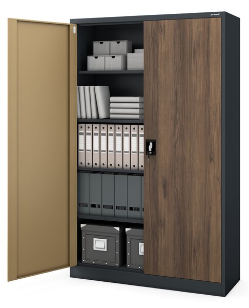 Szafa biurowa metalowa na akta, szeroka, antracyt/orzech, 1150x1850x400 mm: JAN II Eco Design