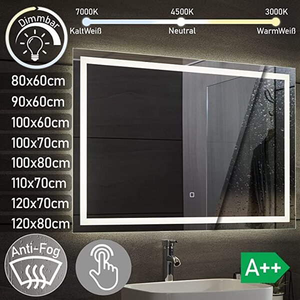 Aquamarin Lustro łazienkowe z oświetleniem LED, 90 x 60 cm