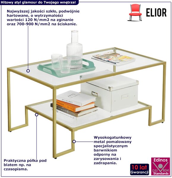 Złota szklana ława kawowa glamour z półką D8-F41