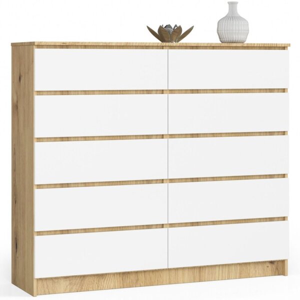 Komoda do sypialni, STILO, 10 szuflad, 140x40x121 cm, dąb artisan, biel, mat | TYLETEGOTU
