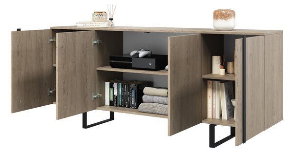 Komoda Verica 200 cm czterodrzwiowa - dąb biszkoptowy / czarne nóżki
