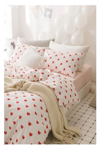 Kremowa pościel dwuosobowa z bawełny renforcé z prześcieradłem 4-częściowa 200x220 cm Mini Hearts – Mila Home