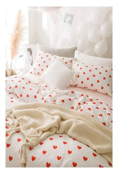 Kremowa pościel dwuosobowa z bawełny renforcé z prześcieradłem 4-częściowa 200x220 cm Mini Hearts – Mila Home