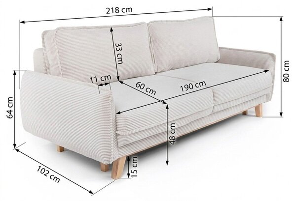 Beżowa sztruksowa rozkładana sofa 218 cm Tori – Bonami Selection