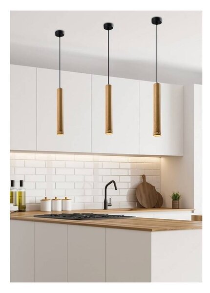 Czarna lampa wisząca z drewnianym kloszem ø 7 cm Tubo – Candellux Lighting