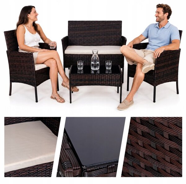 Zestaw mebli ogrodowych SAPPHIRE LIMA sofa, fotele, stolik Szklany blat 4-osoby Brązowy