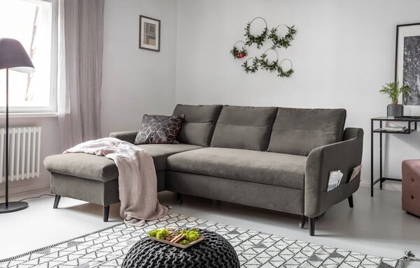 Ciemnoszary aksamitny narożnik rozkładany Miuform Stylish Stan, lewostronny