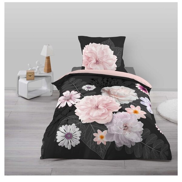 Czarna/różowa bawełniana pościel jednoosobowa 140x200 cm Floral – douceur d'intérieur
