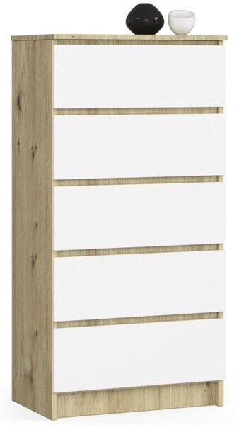 Komoda do sypialni, 5 szuflad, STILO, 60x40x121 cm, dąb artisan, biel, mat | TYLETEGOTU