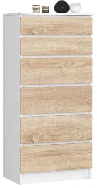 Komoda do sypialni, pokoju, 6 szuflad, STILO, 60x40x130 cm, biel, dąb sonoma, mat | TYLETEGOTU