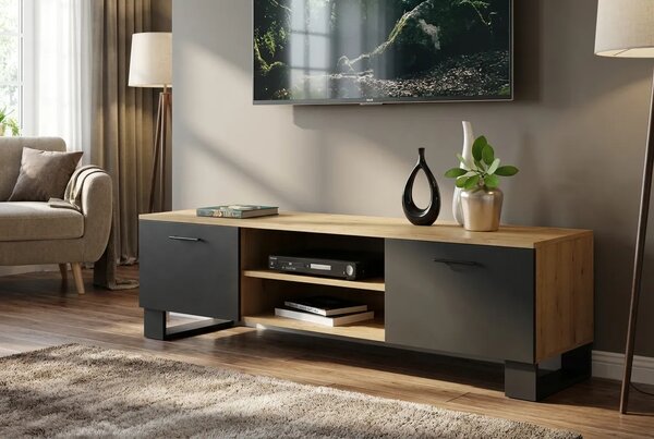 Loftowa Szafka Czarny Rtv 120 Cm Dąb Artisan + Skrzynia G0-T16