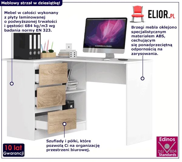 Biurko narożne lewostronne biały + dąb sonoma N5-P64