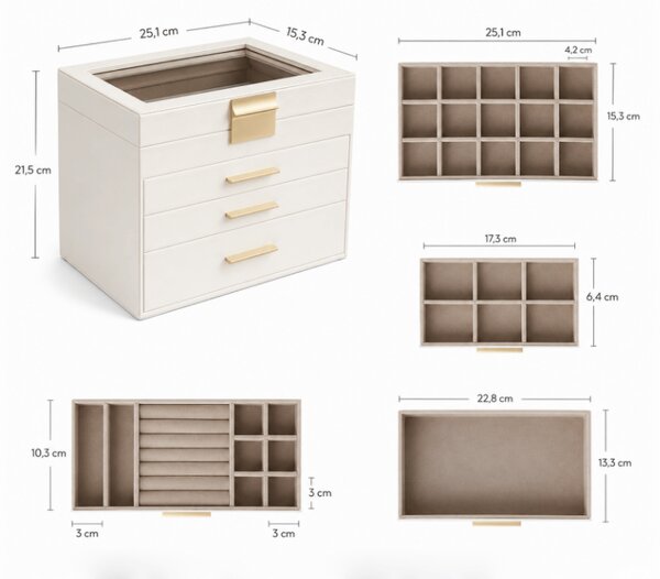 Szkatułka na biżuterię ELEGANT CASE 25,1x21,5x15,3 cm z eko skóry, beżowa