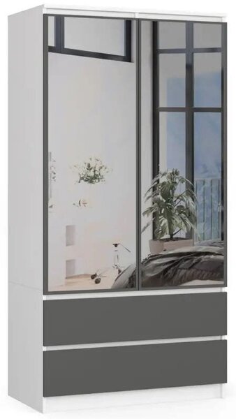 Szafa do sypialni, 2 szuflady, lustro, DORMI, 90x51x180 cm, biel, grafit, mat | TYLETEGOTU