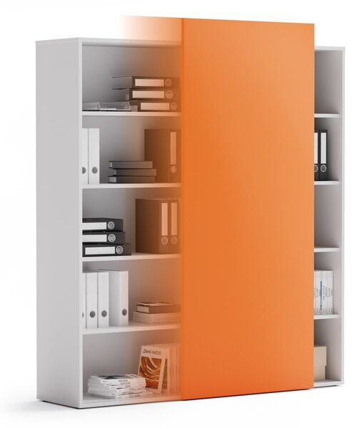 Regał biurowy z przesuwnym panelem BLOCK, 1600 x 400 x 1748 mm, pomarańczowy